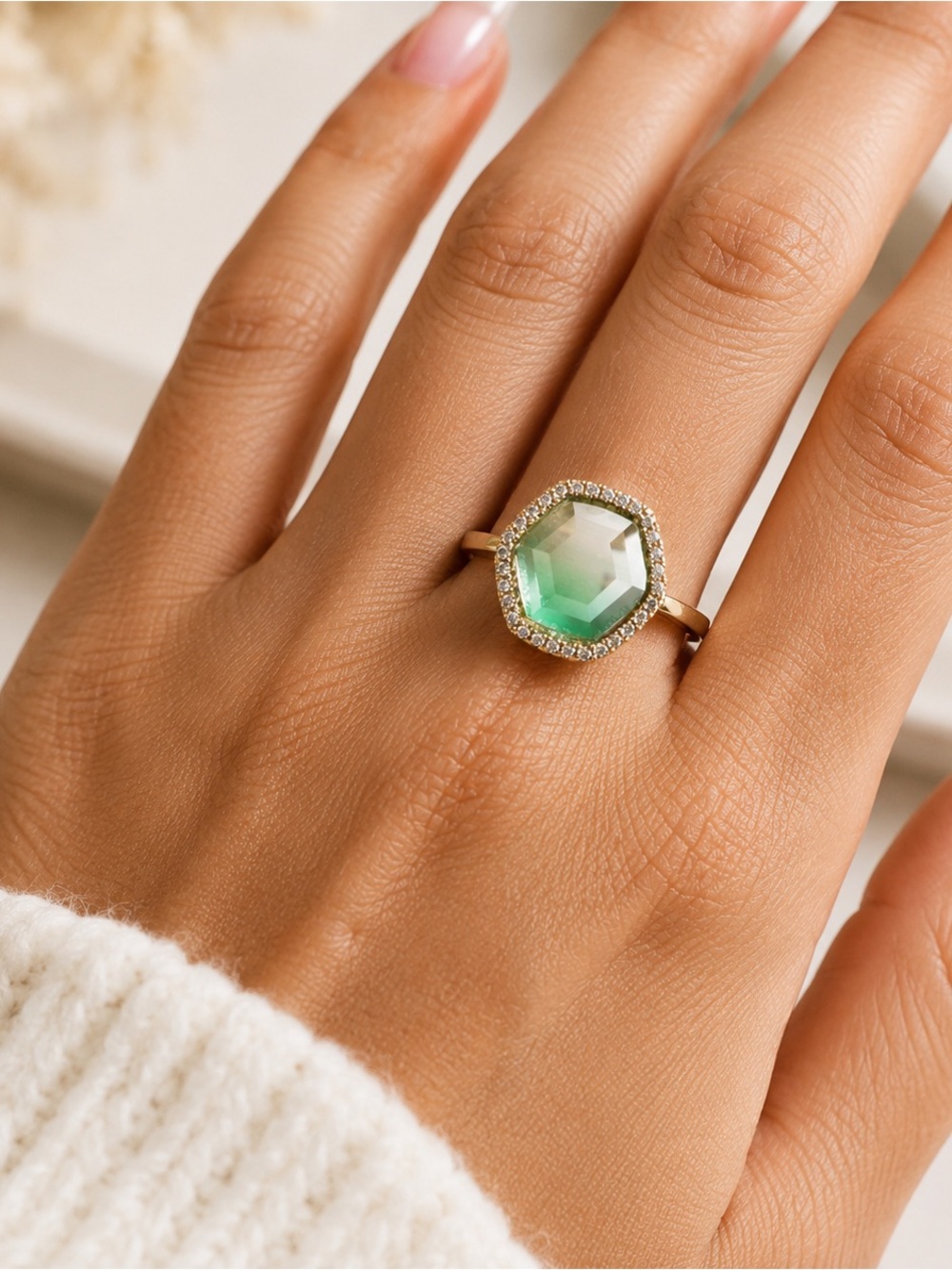 Joy Dravecky Chloe Ring Green Ombre CZ Halo Gold Tone cocktail ring